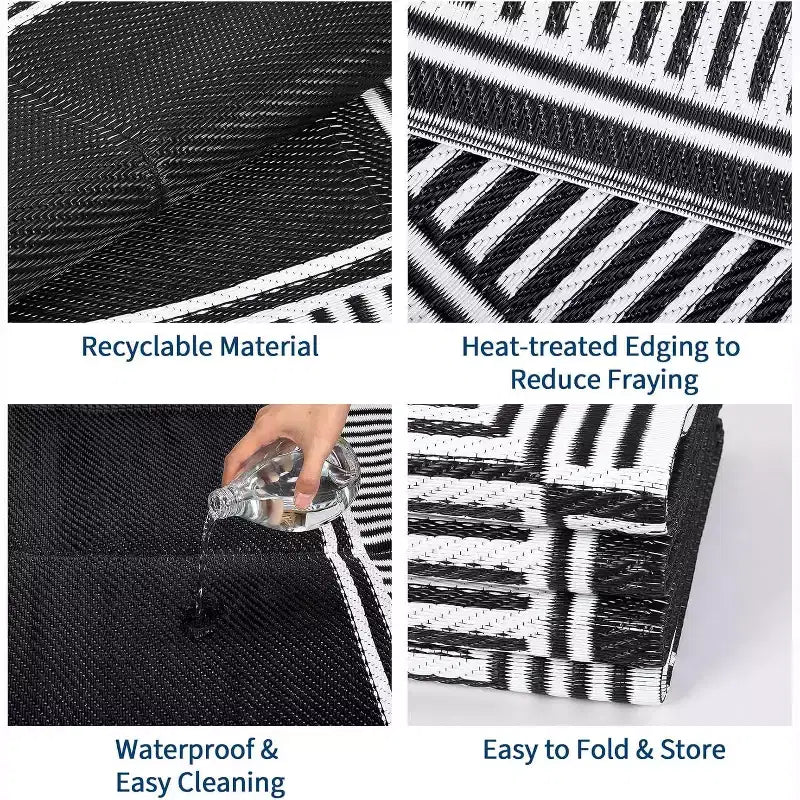 Tapis d'extérieur réversible et imperméable 8x10, en paille plastique résistante aux taches, facile à nettoyer, pour Porche, Terrasse, Balcon, Jardin et Plage, Bordure Noire
