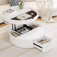 Table basse moderne à plateau relevable Whisen avec rangement caché et tiroir, plateau aspect marbre et grain de bois - Blanc et noyer