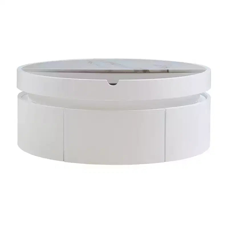 Table basse moderne à plateau relevable Whisen avec rangement caché et tiroir, plateau aspect marbre et grain de bois - Blanc et noyer