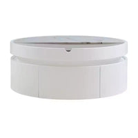 Table basse moderne à plateau relevable Whisen avec rangement caché et tiroir, plateau aspect marbre et grain de bois - Blanc et noyer