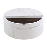 Table basse moderne à plateau relevable Whisen avec rangement caché et tiroir, plateau aspect marbre et grain de bois - Blanc et noyer