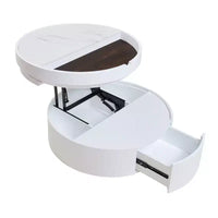Table basse moderne à plateau relevable Whisen avec rangement caché et tiroir, plateau aspect marbre et grain de bois - Blanc et noyer