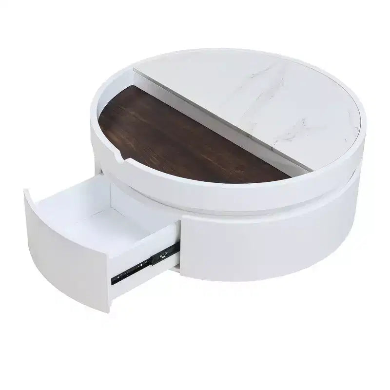 Table basse moderne à plateau relevable Whisen avec rangement caché et tiroir, plateau aspect marbre et grain de bois - Blanc et noyer