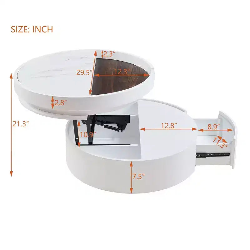 Table basse moderne à plateau relevable Whisen avec rangement caché et tiroir, plateau aspect marbre et grain de bois - Blanc et noyer