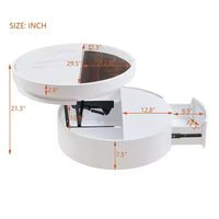 Table basse moderne à plateau relevable Whisen avec rangement caché et tiroir, plateau aspect marbre et grain de bois - Blanc et noyer