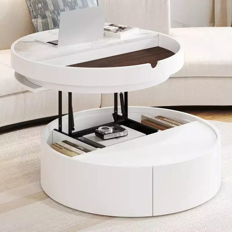 Table basse moderne à plateau relevable Whisen avec rangement caché et tiroir, plateau aspect marbre et grain de bois - Blanc et noyer
