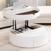 Table basse moderne à plateau relevable Whisen avec rangement caché et tiroir, plateau aspect marbre et grain de bois - Blanc et noyer