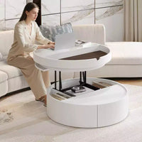 Table basse moderne à plateau relevable Whisen avec rangement caché et tiroir, plateau aspect marbre et grain de bois - Blanc et noyer