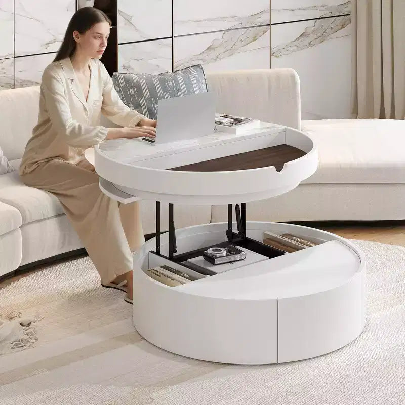Table basse moderne à plateau relevable Whisen avec rangement caché et tiroir, plateau aspect marbre et grain de bois - Blanc et noyer