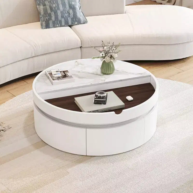 Table basse moderne à plateau relevable Whisen avec rangement caché et tiroir, plateau aspect marbre et grain de bois - Blanc et noyer