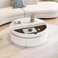 Table basse moderne à plateau relevable Whisen avec rangement caché et tiroir, plateau aspect marbre et grain de bois - Blanc et noyer
