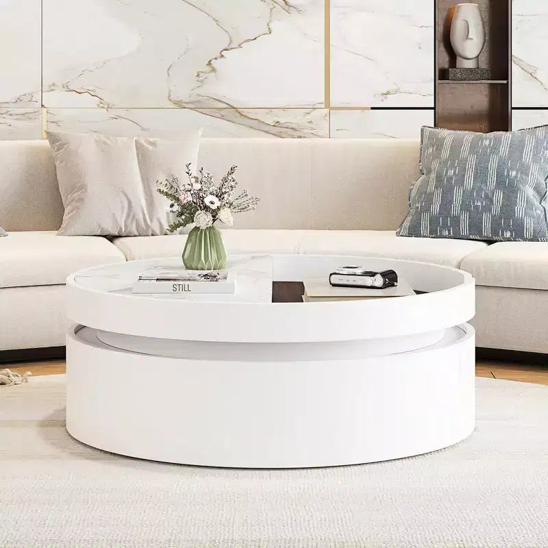 Table basse moderne à plateau relevable Whisen avec rangement caché et tiroir, plateau aspect marbre et grain de bois - Blanc et noyer