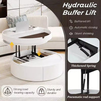 Table basse moderne à plateau relevable Whisen avec rangement caché et tiroir, plateau aspect marbre et grain de bois - Blanc et noyer