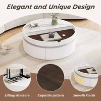 Table basse moderne à plateau relevable Whisen avec rangement caché et tiroir, plateau aspect marbre et grain de bois - Blanc et noyer