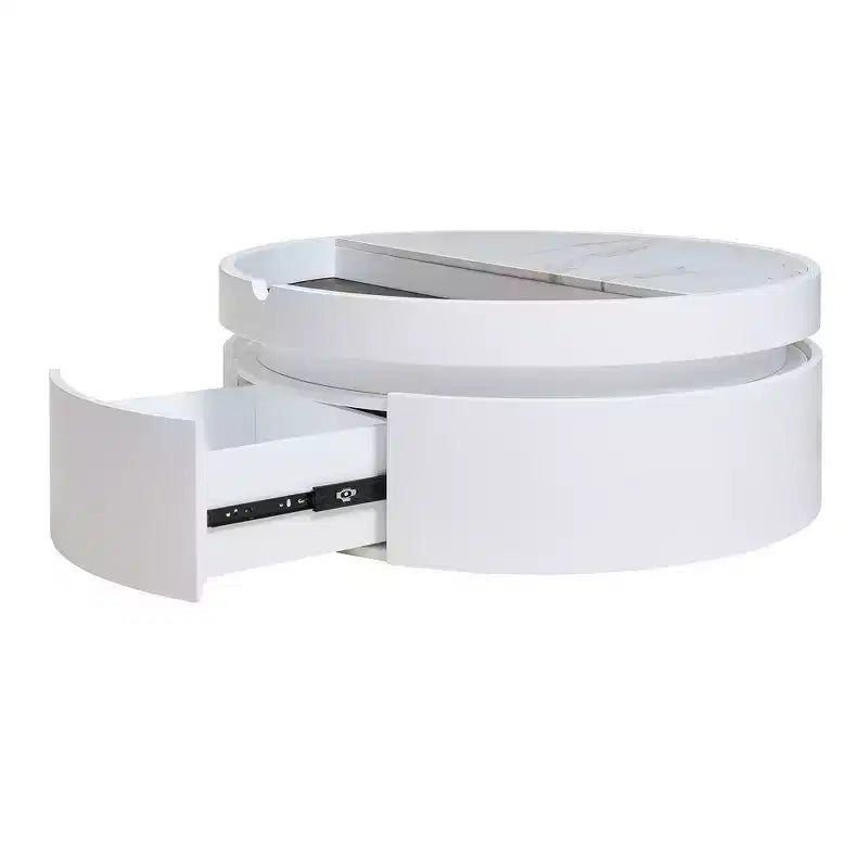Table basse moderne à plateau relevable Whisen avec rangement caché et tiroir, plateau aspect marbre et grain de bois - Blanc et noyer
