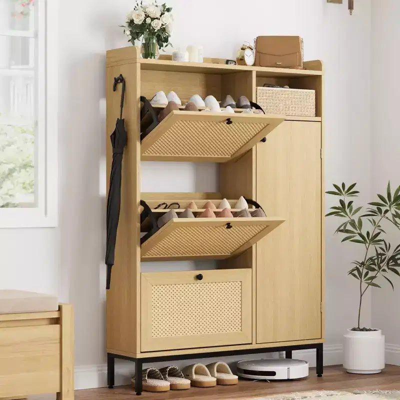 Meuble à chaussures étroit en rotin - 3 tiroirs rabattables, étagères réglables 4 niveaux, capacité 18-24 paires
