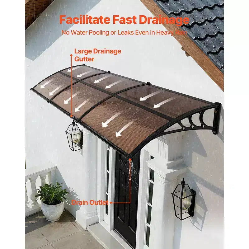 Auvent VEVOR pour entrée de porte, 96,5 x 297 cm, auvent de fenêtre de porte d'entrée extérieur avec drainage et support ABS, protection contre la pluie, la neige et le soleil, marron