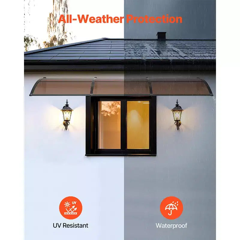 Auvent VEVOR pour entrée de porte, 96,5 x 297 cm, auvent de fenêtre de porte d'entrée extérieur avec drainage et support ABS, protection contre la pluie, la neige et le soleil, marron