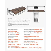 Auvent VEVOR pour entrée de porte, 96,5 x 297 cm, auvent de fenêtre de porte d'entrée extérieur avec drainage et support ABS, protection contre la pluie, la neige et le soleil, marron