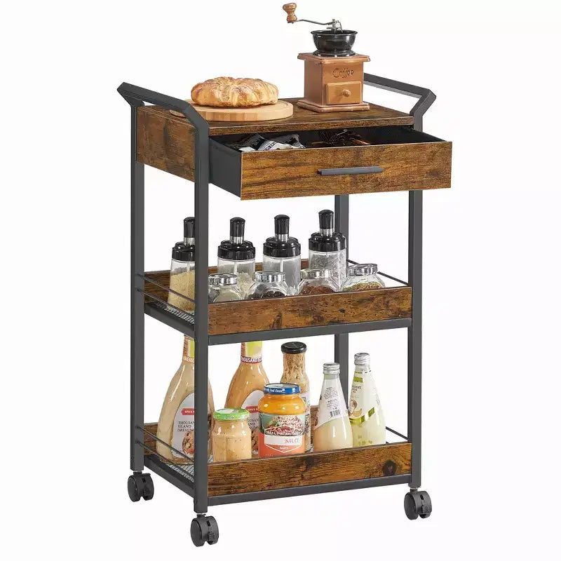 Chariot de rangement VASAGLE, desserte à roulettes à 3 niveaux avec plateau, poignées, 4 roulettes verrouillables, tiroir supérieur, étagères grillagées, marron rustique et noir encre
