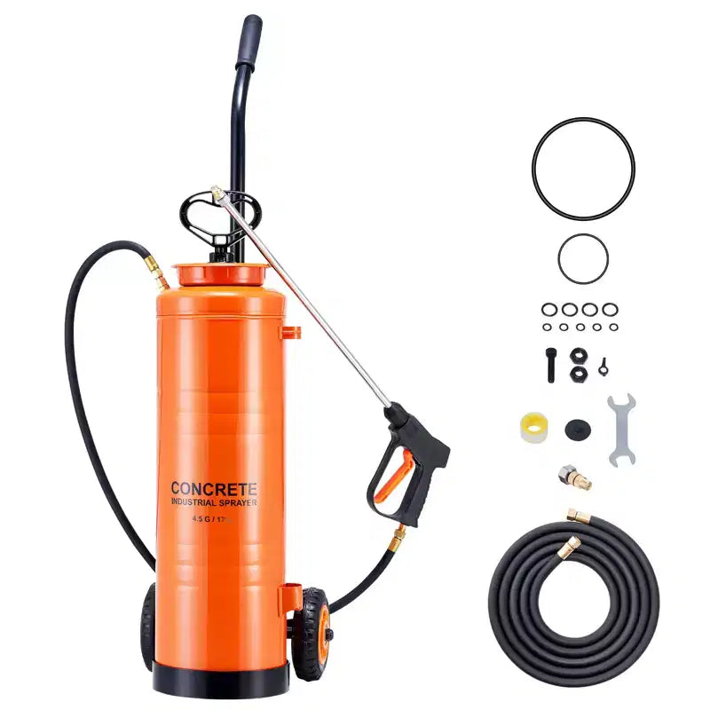 Pulvérisateur industriel VEVOR, grande capacité 17 litres, pulvérisateur à béton en acier inoxydable avec poignée ergonomique et chariot amovible, tuyau de 122 cm et 305 cm, orange