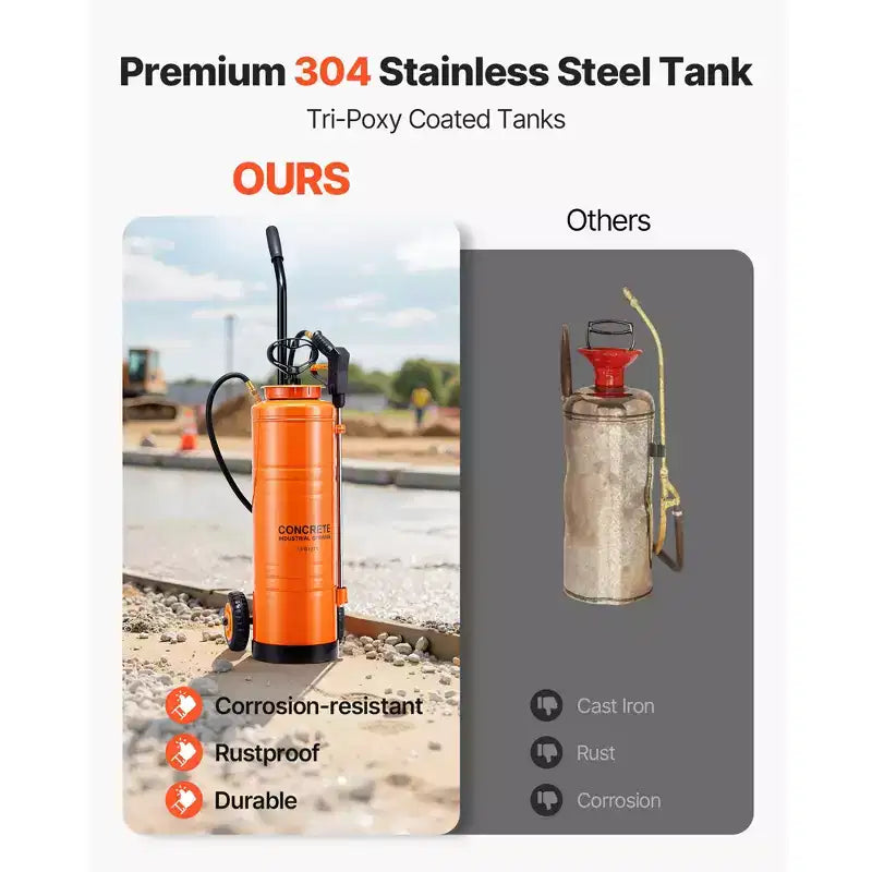 Pulvérisateur industriel VEVOR, grande capacité 17 litres, pulvérisateur à béton en acier inoxydable avec poignée ergonomique et chariot amovible, tuyau de 122 cm et 305 cm, orange