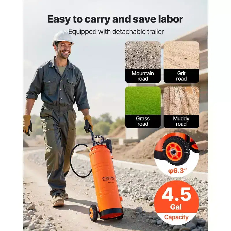 Pulvérisateur industriel VEVOR, grande capacité 17 litres, pulvérisateur à béton en acier inoxydable avec poignée ergonomique et chariot amovible, tuyau de 122 cm et 305 cm, orange