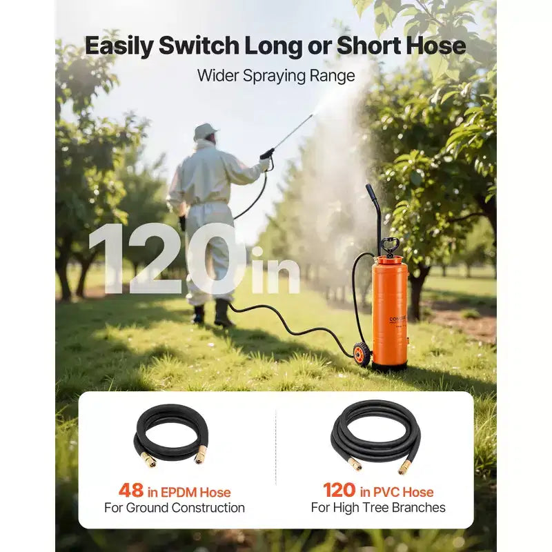 Pulvérisateur industriel VEVOR, grande capacité 17 litres, pulvérisateur à béton en acier inoxydable avec poignée ergonomique et chariot amovible, tuyau de 122 cm et 305 cm, orange