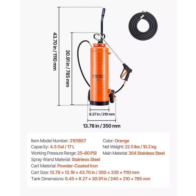 Pulvérisateur industriel VEVOR, grande capacité 17 litres, pulvérisateur à béton en acier inoxydable avec poignée ergonomique et chariot amovible, tuyau de 122 cm et 305 cm, orange