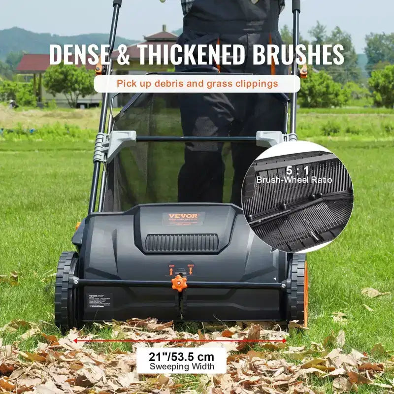 Balai de pelouse poussé VIYET 21, sac en maille de 3,5 pi³ (0,1 m³), collecteur de feuilles et d'herbe en acier robuste avec 2 brosses et roues en plastique pour pelouse, jardin, cour