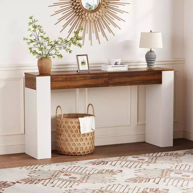 Longue table console avec 2 tiroirs, table d'entrée de style campagnard derrière le canapé, support en bois pour hall d'entrée, meuble d'appoint moderne pour couloir