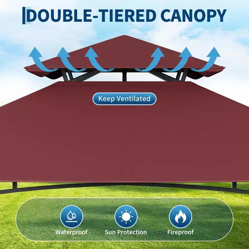 Gazebo de barbecue 2,4 x 1,5 m avec auvents latéraux doubles réglables, abri à 2 niveaux avec 2 étagères, crochets, 4 lumières, auvent à cadre en acier pour jardin et cour arrière