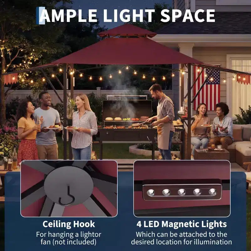 Gazebo de barbecue 2,4 x 1,5 m avec auvents latéraux doubles réglables, abri à 2 niveaux avec 2 étagères, crochets, 4 lumières, auvent à cadre en acier pour jardin et cour arrière