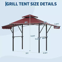 Gazebo de barbecue 2,4 x 1,5 m avec auvents latéraux doubles réglables, abri à 2 niveaux avec 2 étagères, crochets, 4 lumières, auvent à cadre en acier pour jardin et cour arrière