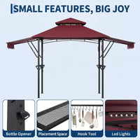 Gazebo de barbecue 2,4 x 1,5 m avec auvents latéraux doubles réglables, abri à 2 niveaux avec 2 étagères, crochets, 4 lumières, auvent à cadre en acier pour jardin et cour arrière