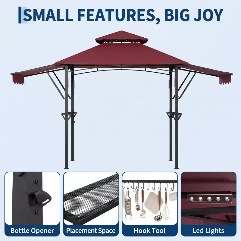 Gazebo de barbecue 2,4 x 1,5 m avec auvents latéraux doubles réglables, abri à 2 niveaux avec 2 étagères, crochets, 4 lumières, auvent à cadre en acier pour jardin et cour arrière