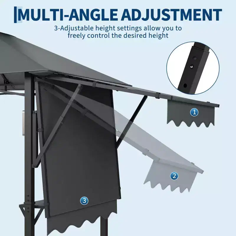 Gazebo de barbecue 2,4 x 1,5 m avec auvents latéraux doubles réglables, abri à 2 niveaux avec 2 étagères, crochets, 4 lumières, auvent à cadre en acier pour jardin et cour arrière