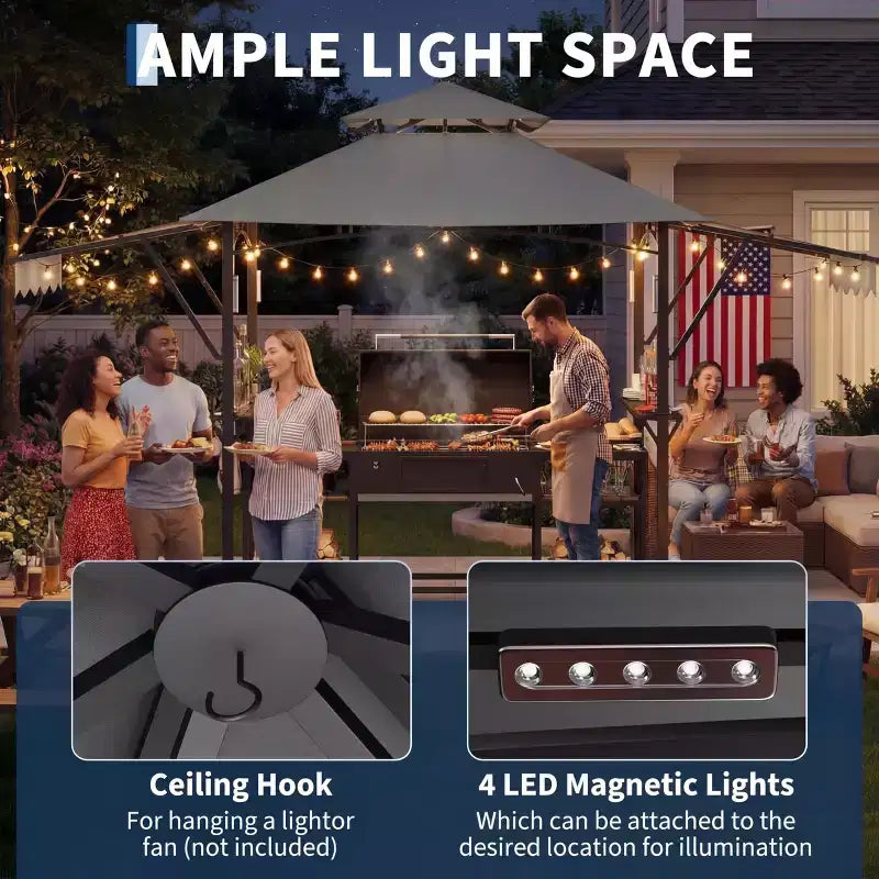 Gazebo de barbecue 2,4 x 1,5 m avec auvents latéraux doubles réglables, abri à 2 niveaux avec 2 étagères, crochets, 4 lumières, auvent à cadre en acier pour jardin et cour arrière