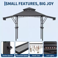 Gazebo de barbecue 2,4 x 1,5 m avec auvents latéraux doubles réglables, abri à 2 niveaux avec 2 étagères, crochets, 4 lumières, auvent à cadre en acier pour jardin et cour arrière