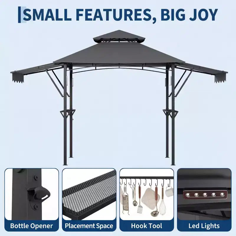 Gazebo de barbecue 2,4 x 1,5 m avec auvents latéraux doubles réglables, abri à 2 niveaux avec 2 étagères, crochets, 4 lumières, auvent à cadre en acier pour jardin et cour arrière