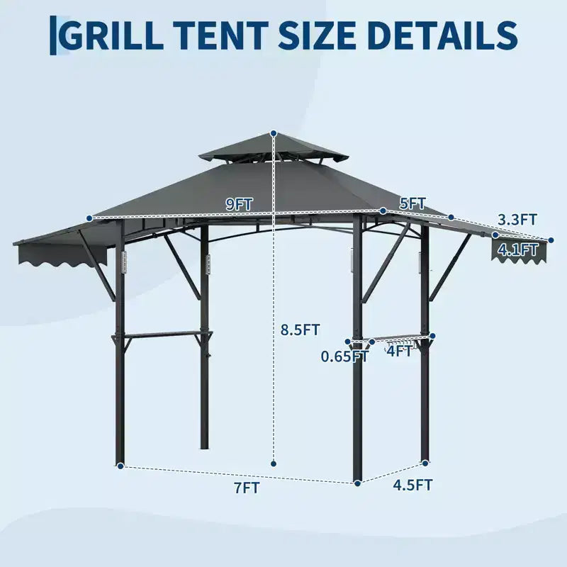 Gazebo de barbecue 2,4 x 1,5 m avec auvents latéraux doubles réglables, abri à 2 niveaux avec 2 étagères, crochets, 4 lumières, auvent à cadre en acier pour jardin et cour arrière