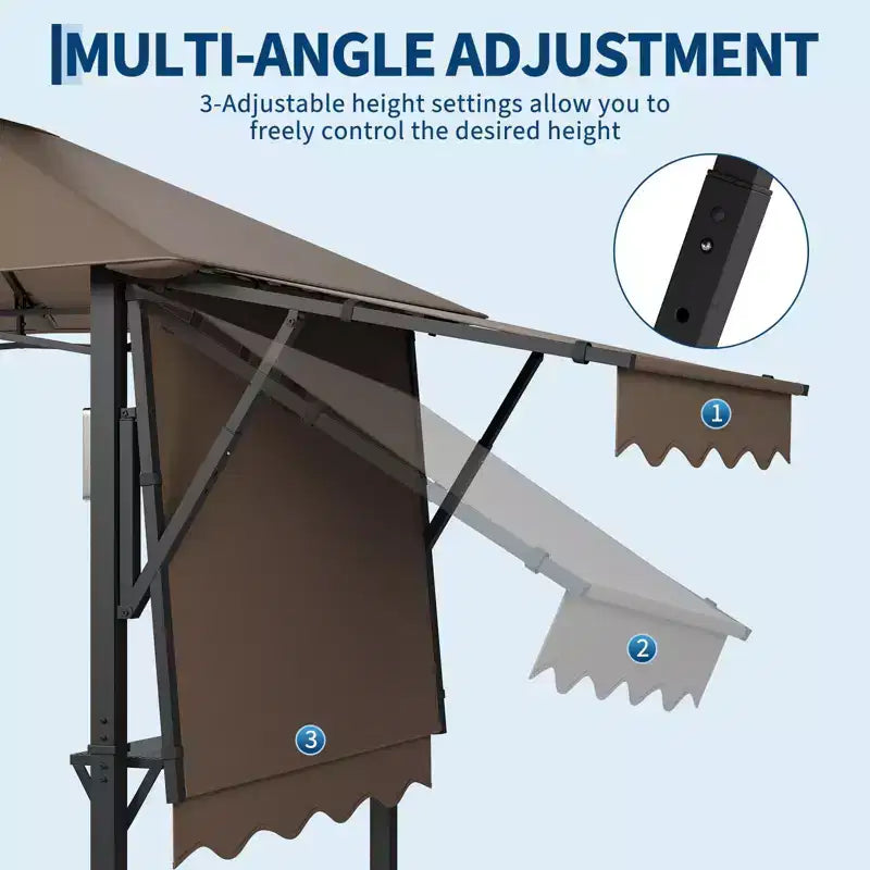 Gazebo de barbecue 2,4 x 1,5 m avec auvents latéraux doubles réglables, abri à 2 niveaux avec 2 étagères, crochets, 4 lumières, auvent à cadre en acier pour jardin et cour arrière