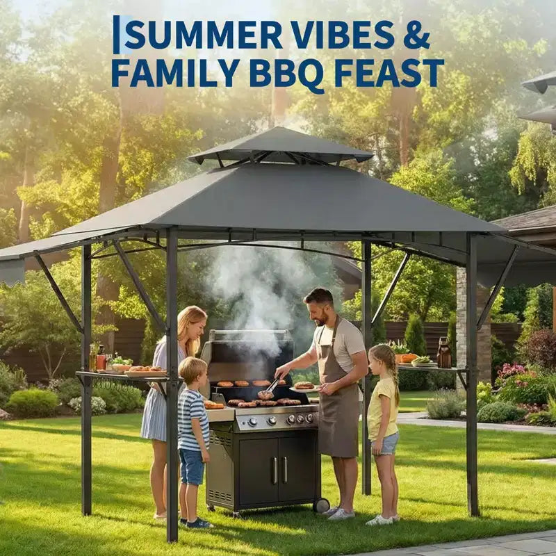 Gazebo de barbecue 2,4 x 1,5 m avec auvents latéraux doubles réglables, abri à 2 niveaux avec 2 étagères, crochets, 4 lumières, auvent à cadre en acier pour jardin et cour arrière