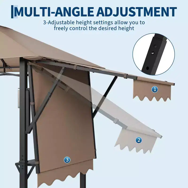 Gazebo de barbecue 2,4 x 1,5 m avec auvents latéraux doubles réglables, abri à 2 niveaux avec 2 étagères, crochets, 4 lumières, auvent à cadre en acier pour jardin et cour arrière
