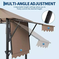 Gazebo de barbecue 2,4 x 1,5 m avec auvents latéraux doubles réglables, abri à 2 niveaux avec 2 étagères, crochets, 4 lumières, auvent à cadre en acier pour jardin et cour arrière