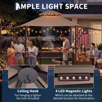 Gazebo de barbecue 2,4 x 1,5 m avec auvents latéraux doubles réglables, abri à 2 niveaux avec 2 étagères, crochets, 4 lumières, auvent à cadre en acier pour jardin et cour arrière