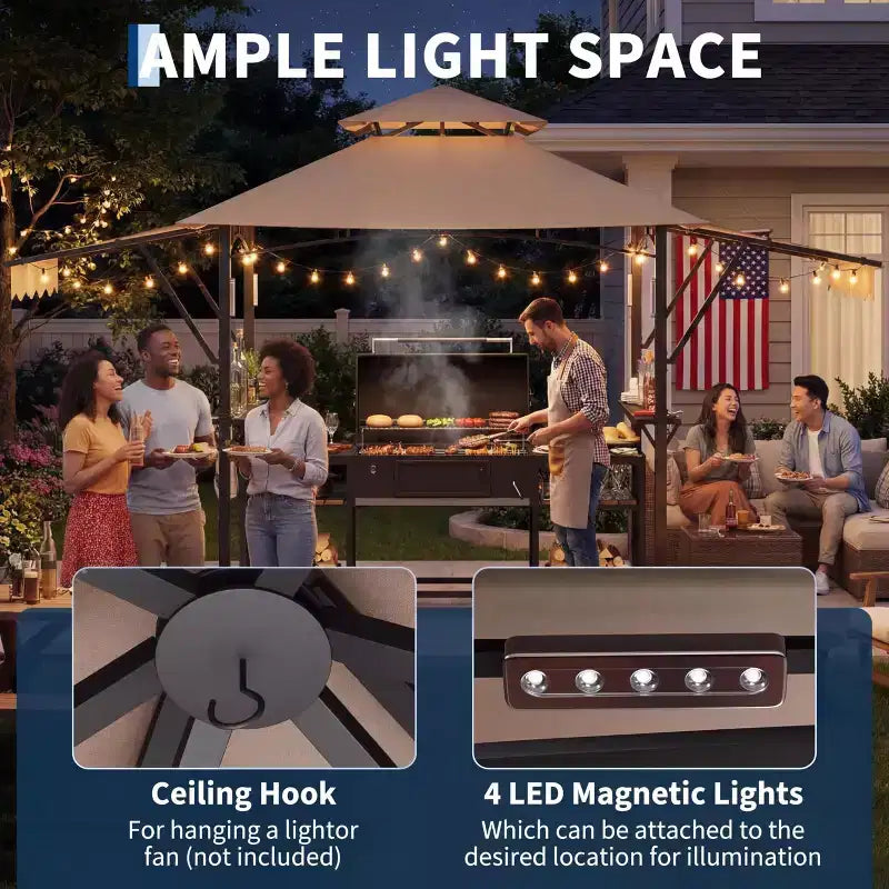 Gazebo de barbecue 2,4 x 1,5 m avec auvents latéraux doubles réglables, abri à 2 niveaux avec 2 étagères, crochets, 4 lumières, auvent à cadre en acier pour jardin et cour arrière