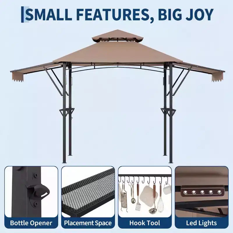 Gazebo de barbecue 2,4 x 1,5 m avec auvents latéraux doubles réglables, abri à 2 niveaux avec 2 étagères, crochets, 4 lumières, auvent à cadre en acier pour jardin et cour arrière