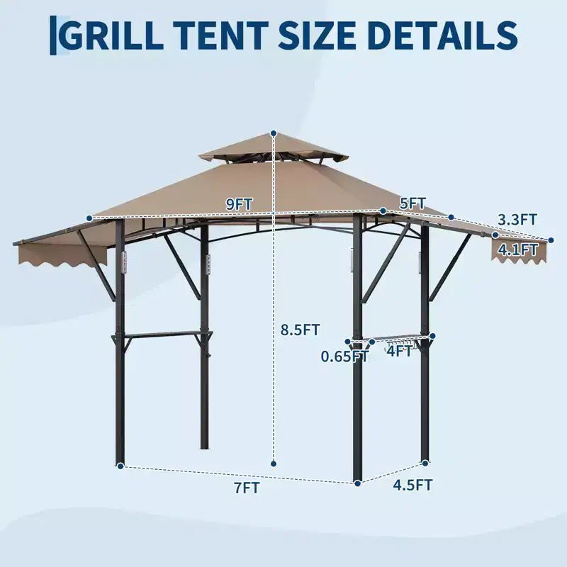 Gazebo de barbecue 2,4 x 1,5 m avec auvents latéraux doubles réglables, abri à 2 niveaux avec 2 étagères, crochets, 4 lumières, auvent à cadre en acier pour jardin et cour arrière
