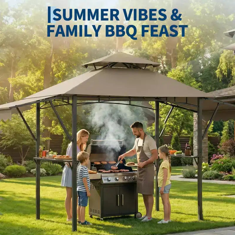 Gazebo de barbecue 2,4 x 1,5 m avec auvents latéraux doubles réglables, abri à 2 niveaux avec 2 étagères, crochets, 4 lumières, auvent à cadre en acier pour jardin et cour arrière